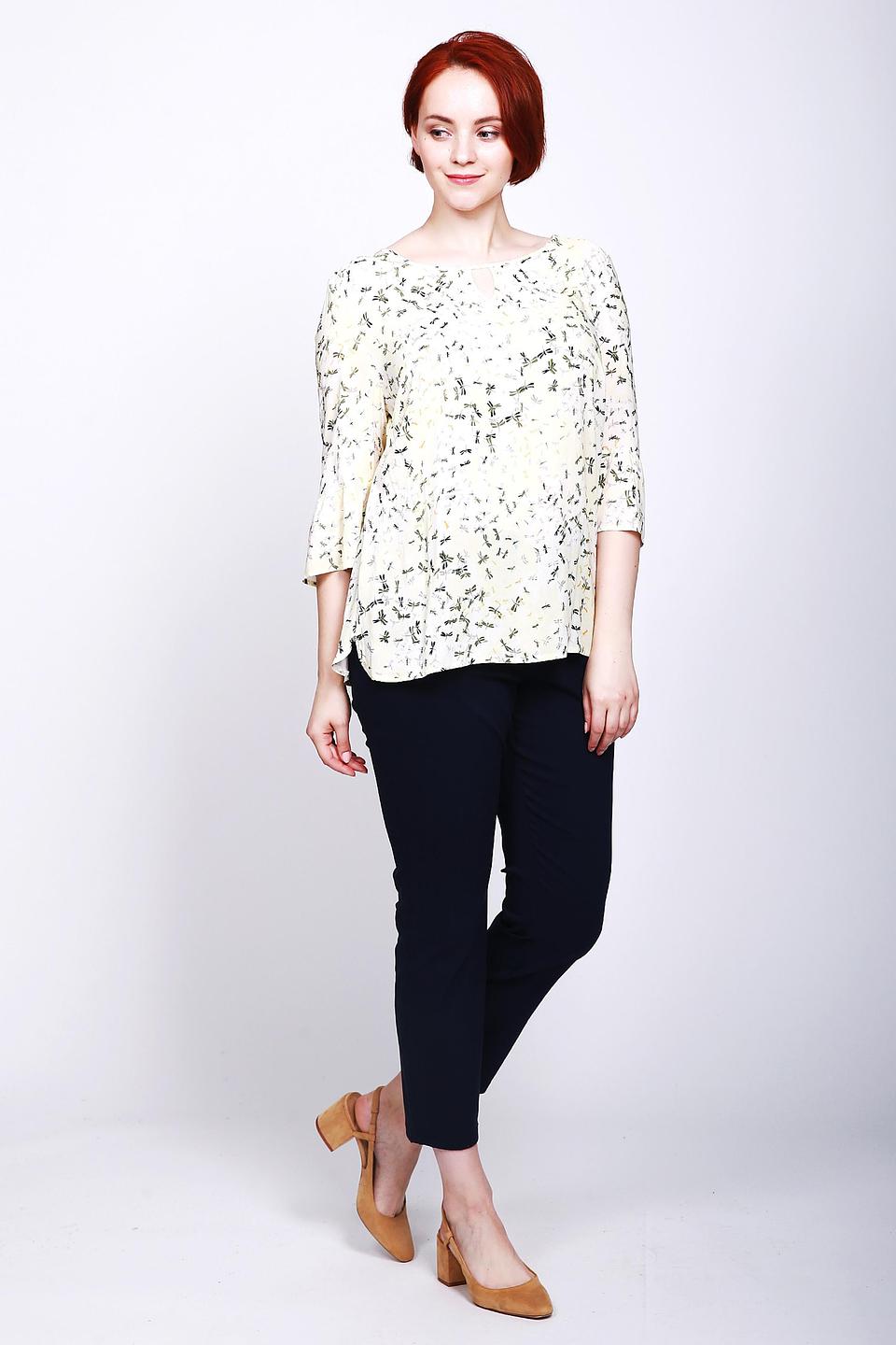 Блуза Lebek желтая с принтом стрекозы и расклешенными рукавами