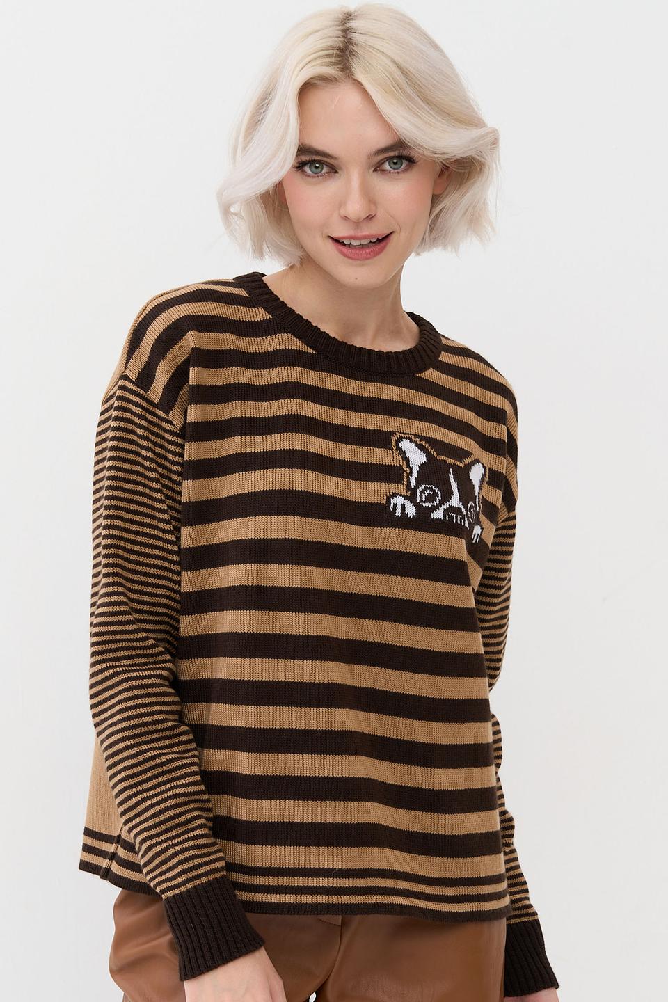 Джемпер BE YOU в полоску с котиками коричневый