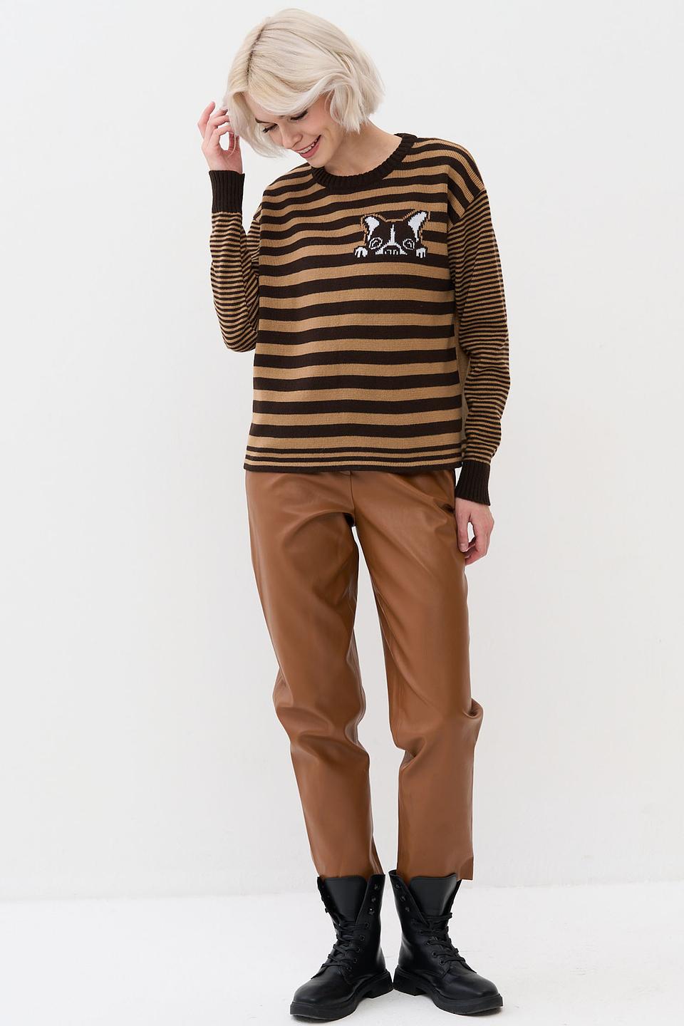 Джемпер BE YOU в полоску с котиками коричневый