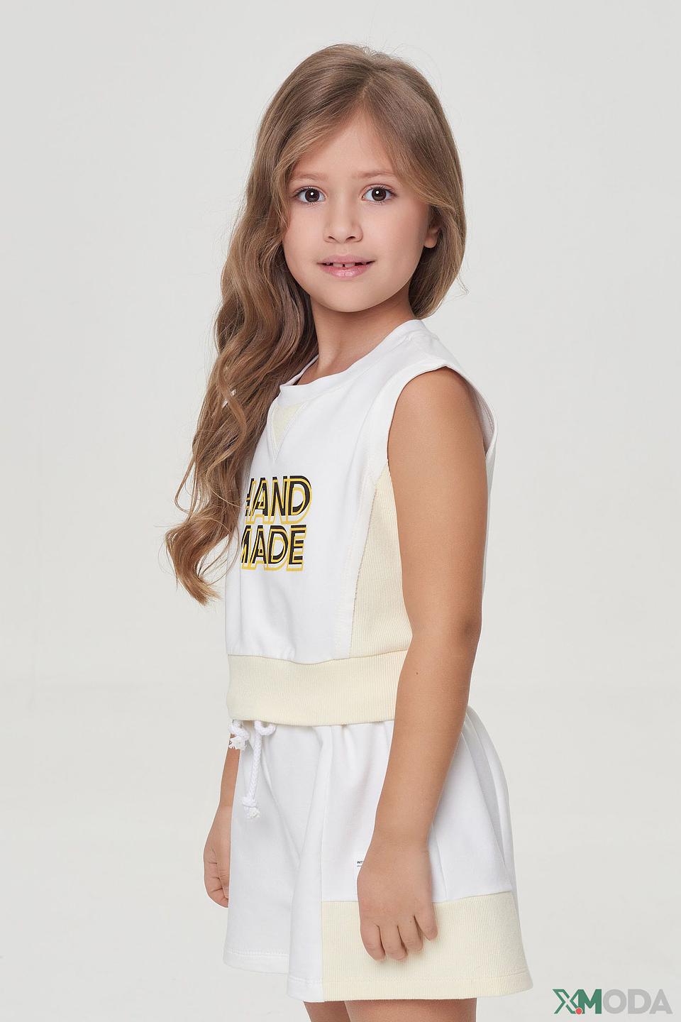 Топ Choupette для девочки, белый с жёлтым принтом "HAND MADE"
