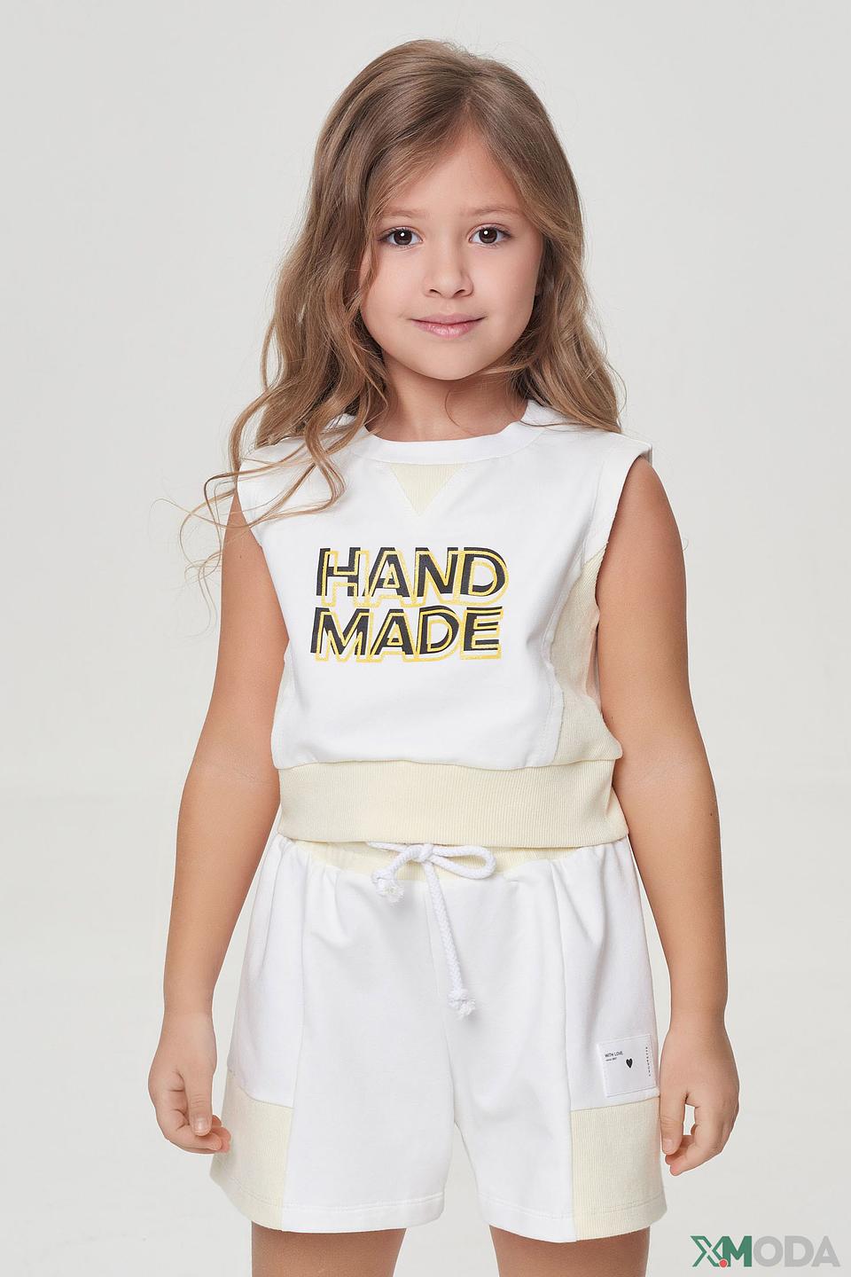 Блуза Choupette белая с принтом "HAND MADE" и бежевыми вставками