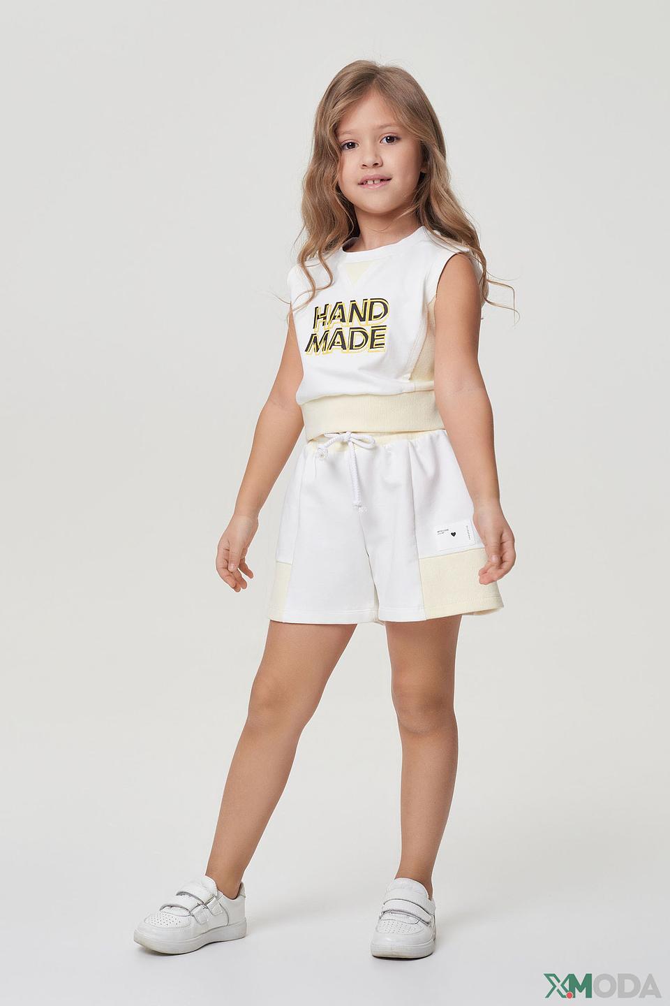 Блуза Choupette белая с принтом "HAND MADE" и бежевыми вставками