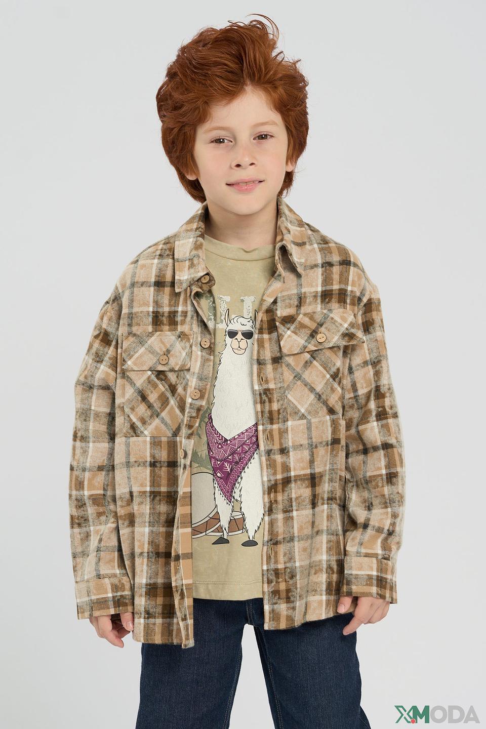 Рубашка Choupette детская в клетку бежево-коричневая, с карманами