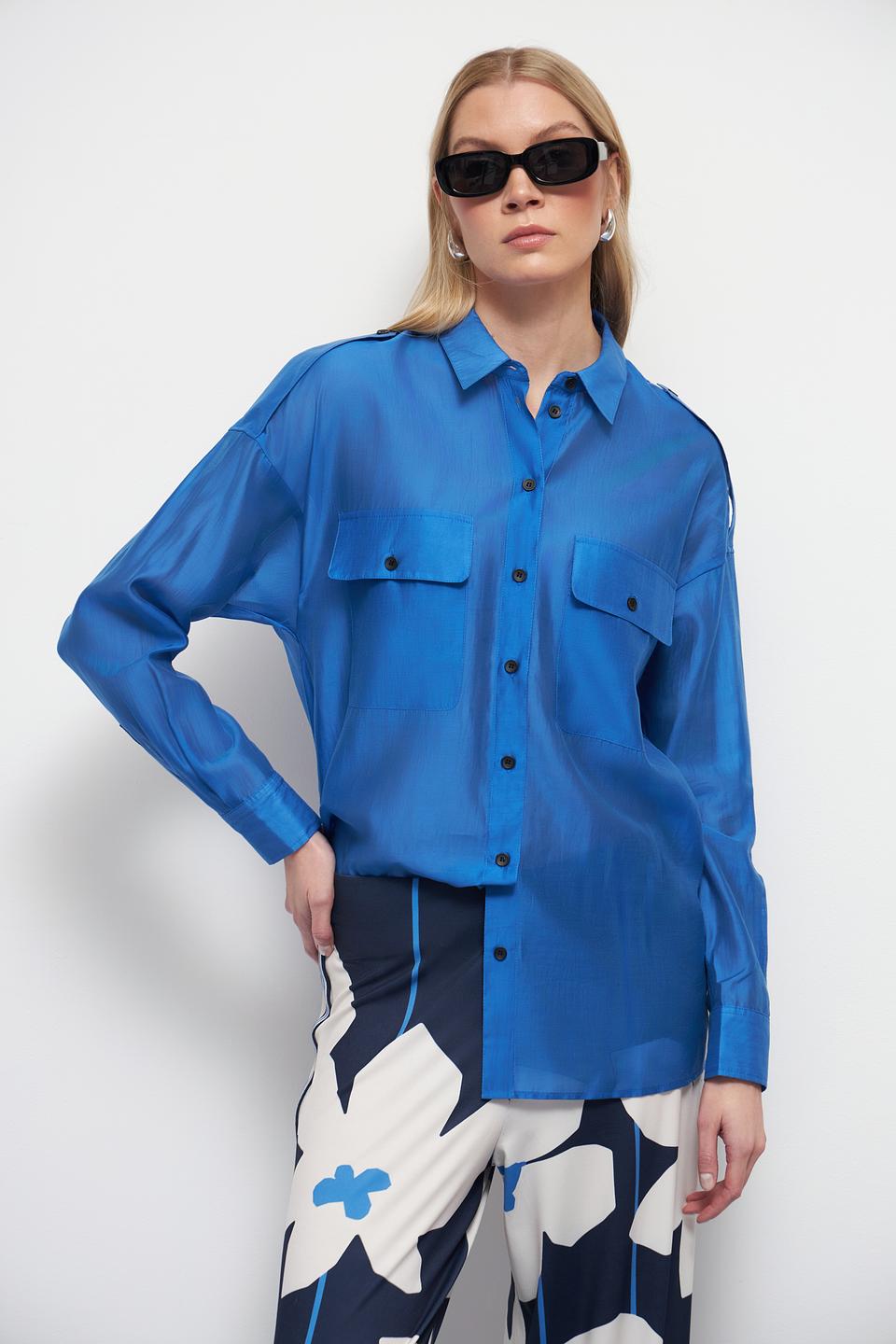 Рубашка Oui длинный рукав синяя