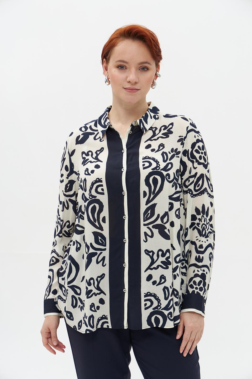 Блуза Frapp с принтом бежево-синяя