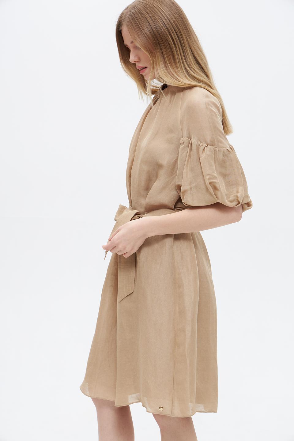 Платье Marc Cain бежевое с поясом из льна и шелка