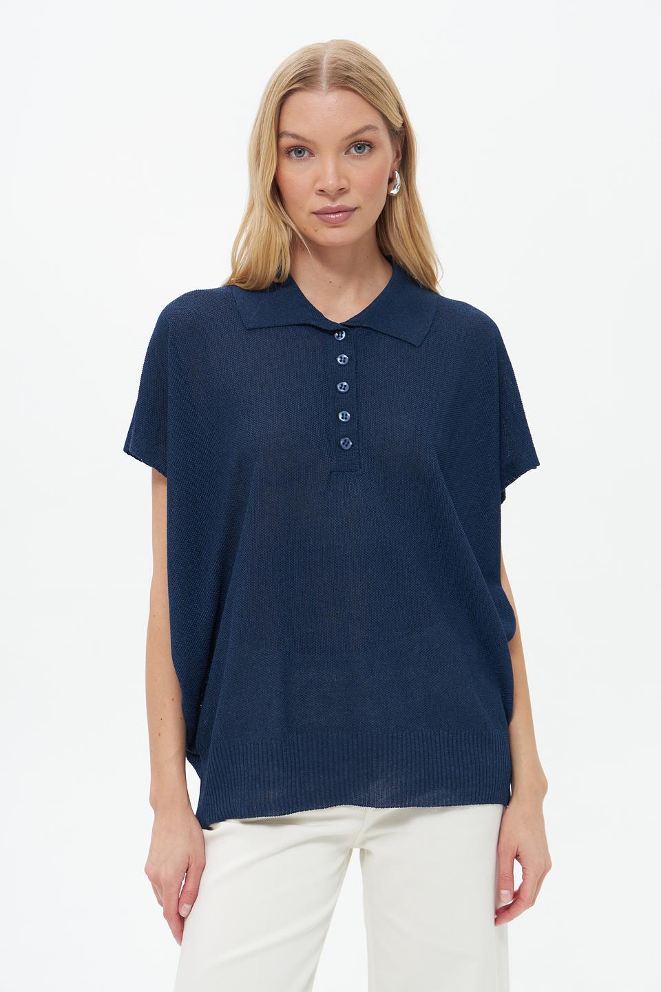 Пуловер Croche с воротником-поло тёмно-синий