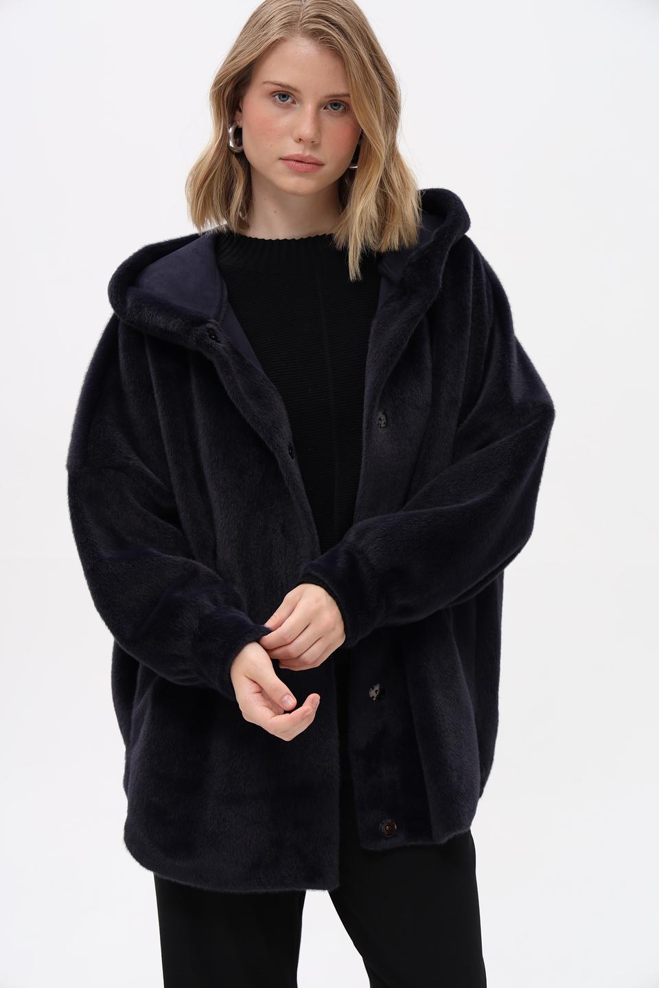 Шуба Electra style с капюшоном тёмно-синяя