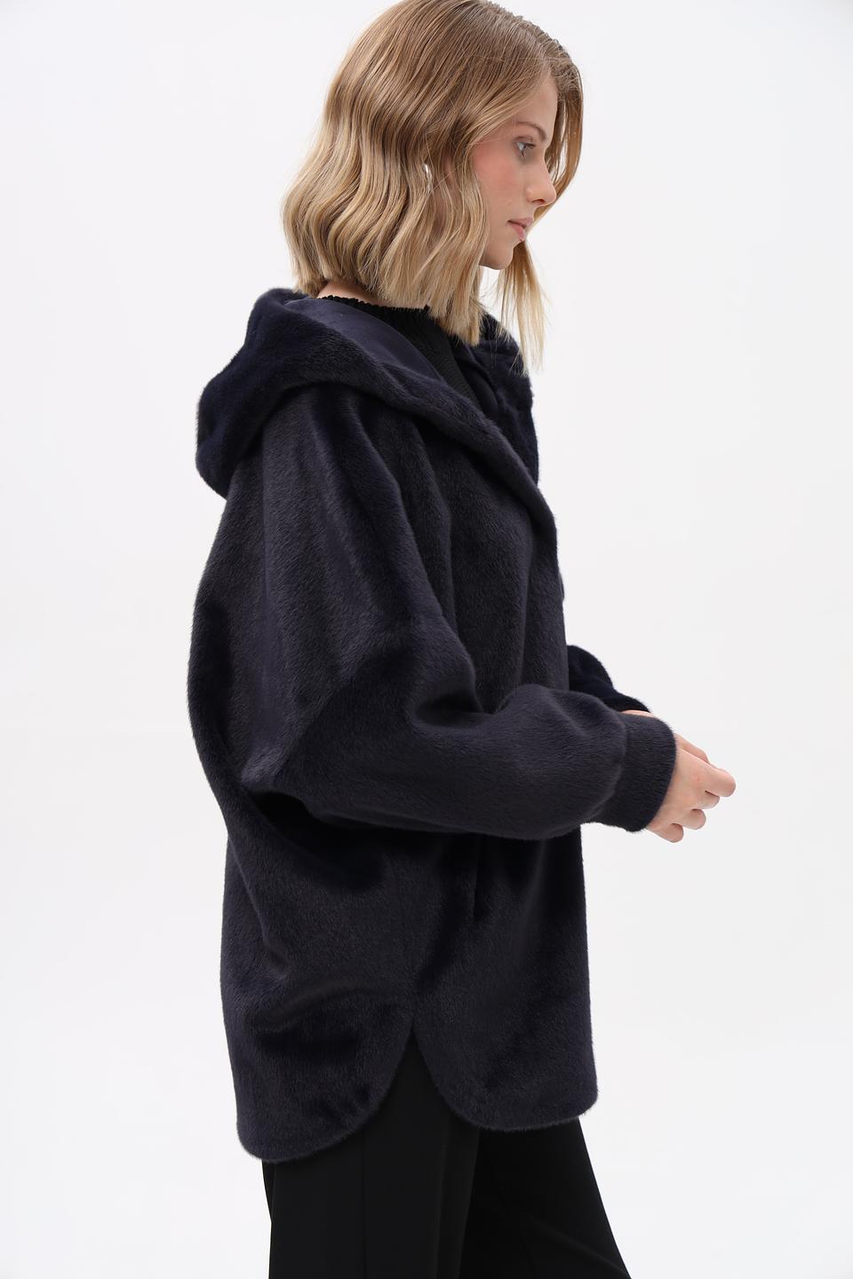 Шуба Electra style с капюшоном тёмно-синяя