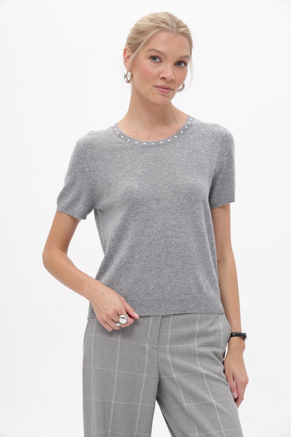 Пуловер Oui с жемчугом серый