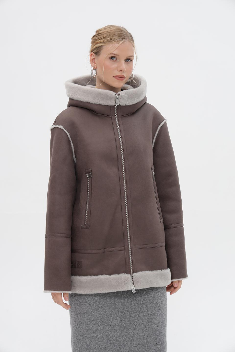 Дублёнка Electra style с капюшоном серая