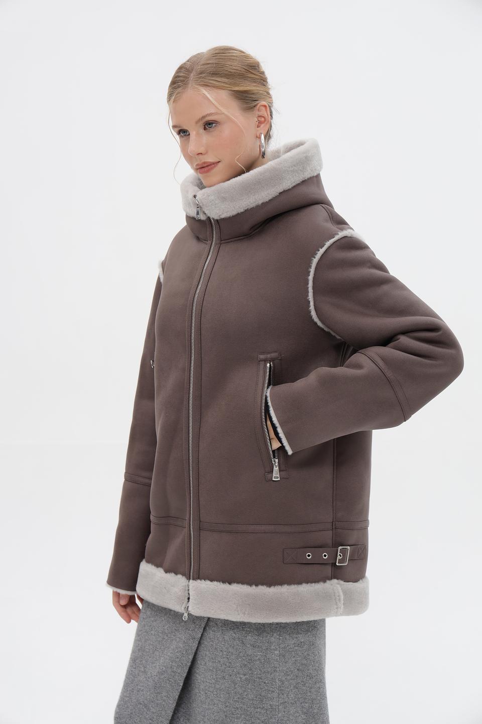 Дублёнка Electra style с капюшоном серая